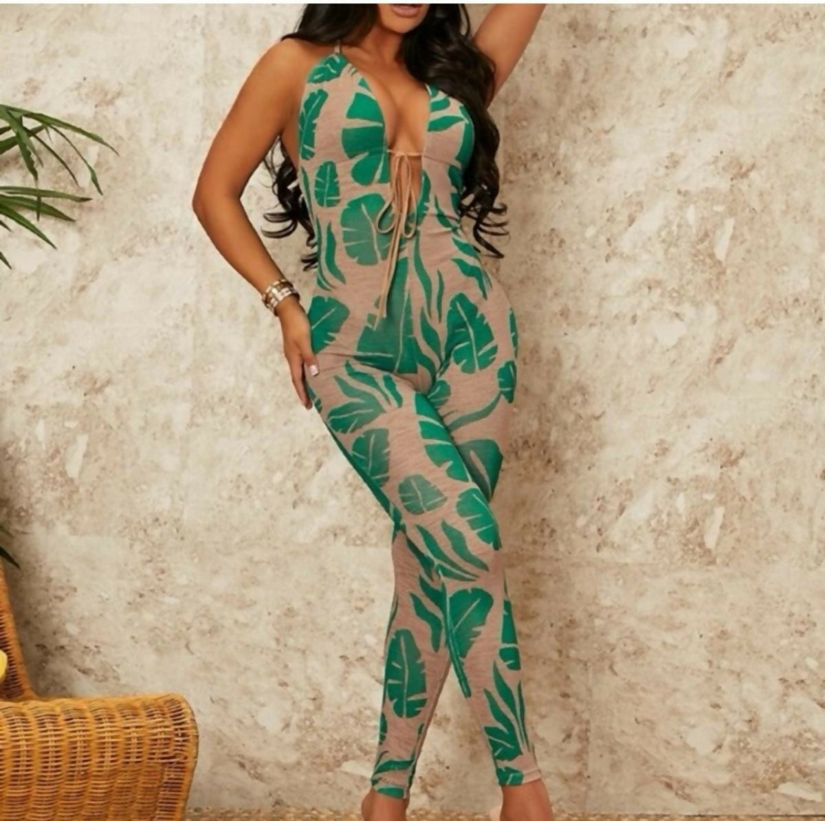 Shein Leaf Print Halter Jumpsuit