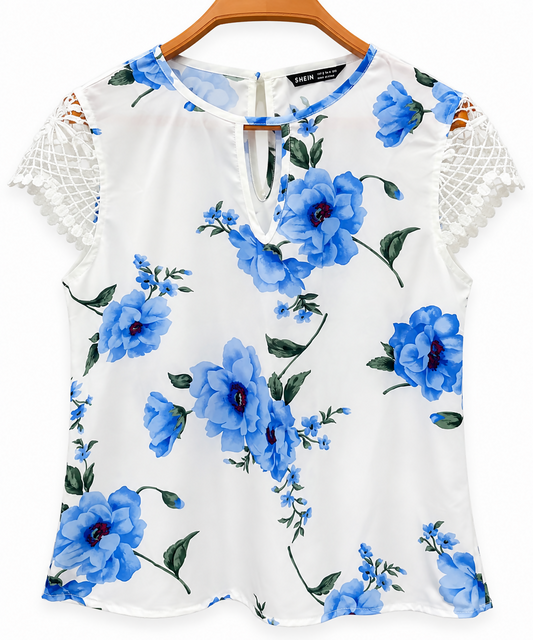 SHEIN Women’s White & Blue Floral Crochet-Sleeve Blouse – Size XS (Never worn, no tags)