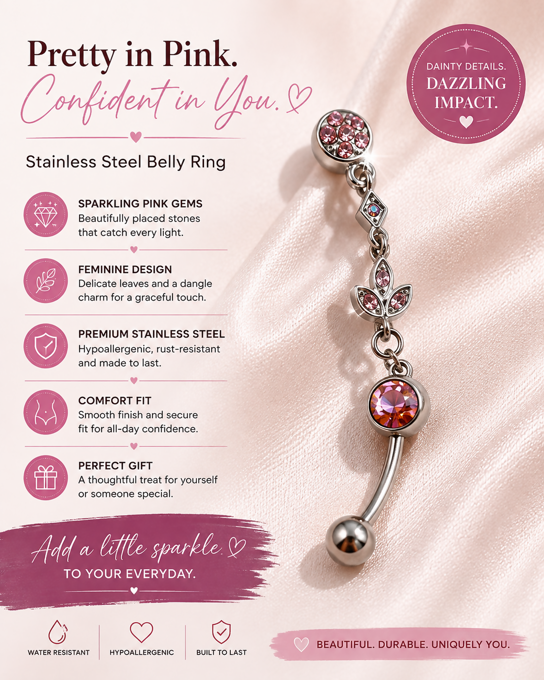 Pink Petal Dangle Belly Ring