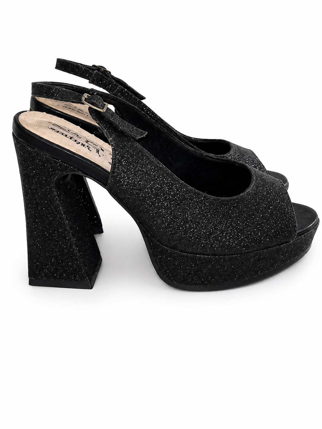 Black Glitter Platform Peep-Toe Block Heels