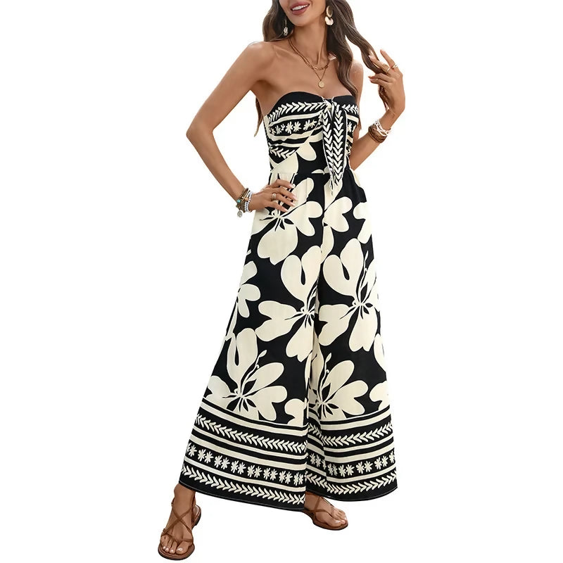 Black and Ivory Floral Strapless Backless Wide Leg Jumpsuit
