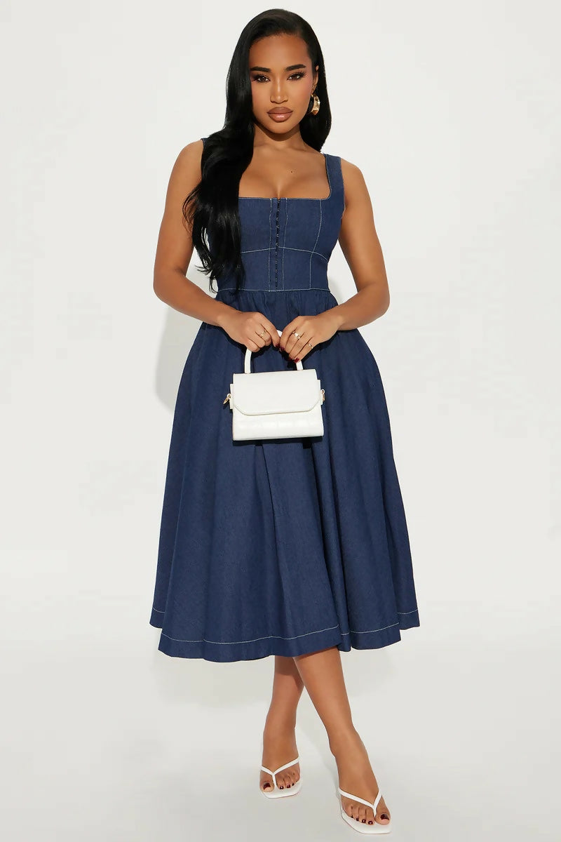 Square Neck Denim Midi Dress