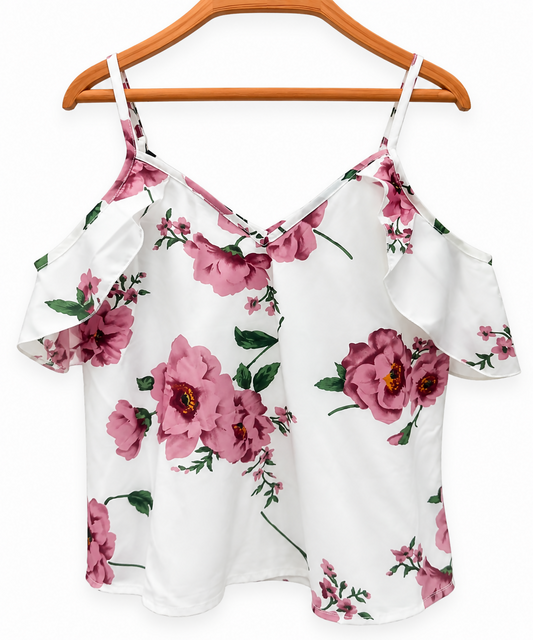 SHEIN Women’s White & Pink Floral Cold-Shoulder Blouse – Size XS (Never worn, no tags)