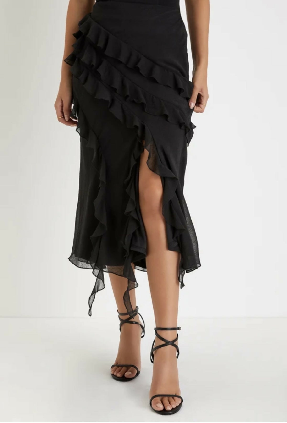 Stunning Scenario Black Chiffon Ruffled Asymmetrical Midi Skirt