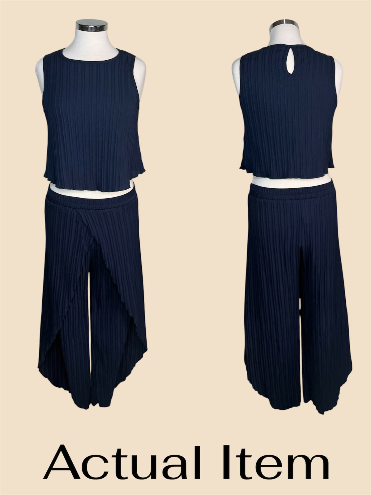 SHEIN LUNE Dark Blue Pleated Tank Top & Wrap Hem Pants Set