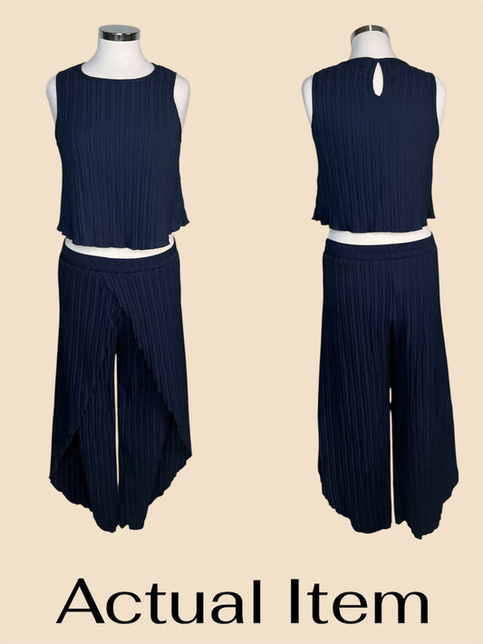 SHEIN LUNE Dark Blue Pleated Tank Top & Wrap Hem Pants Set