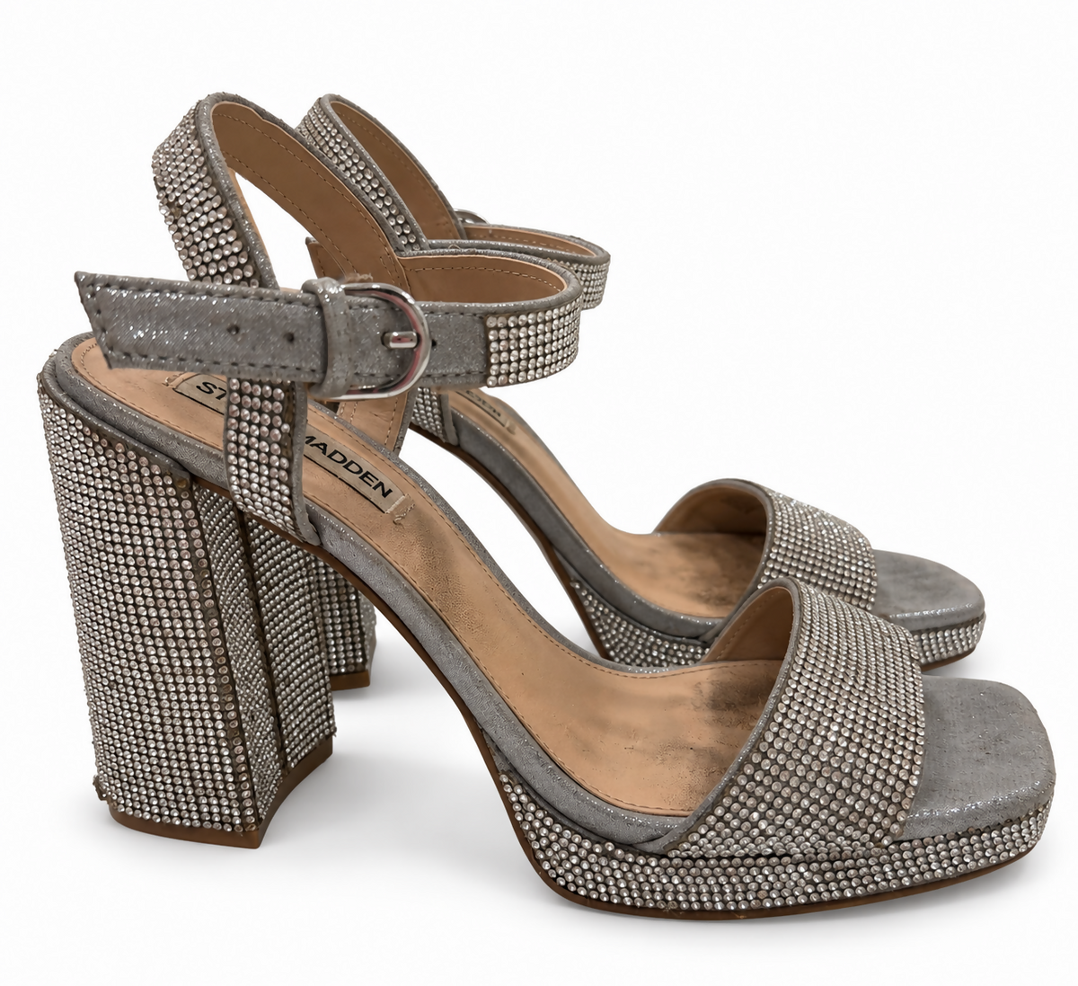 Steve Madden Silver Fully Embellished Block Heels