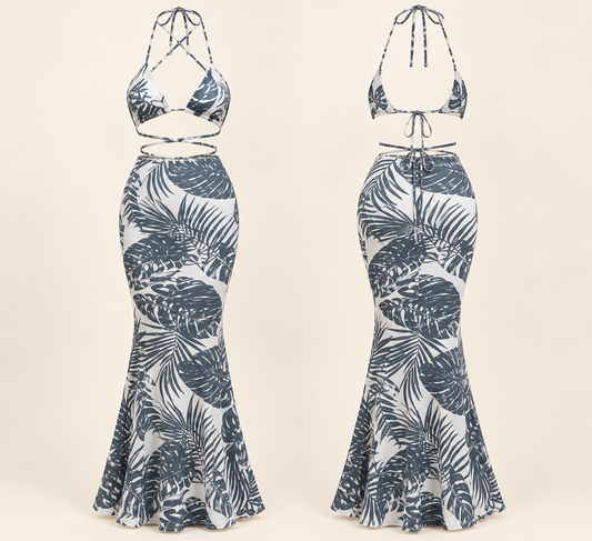 White & Blue Tropical Print Two-Piece Maxi Skirt Set