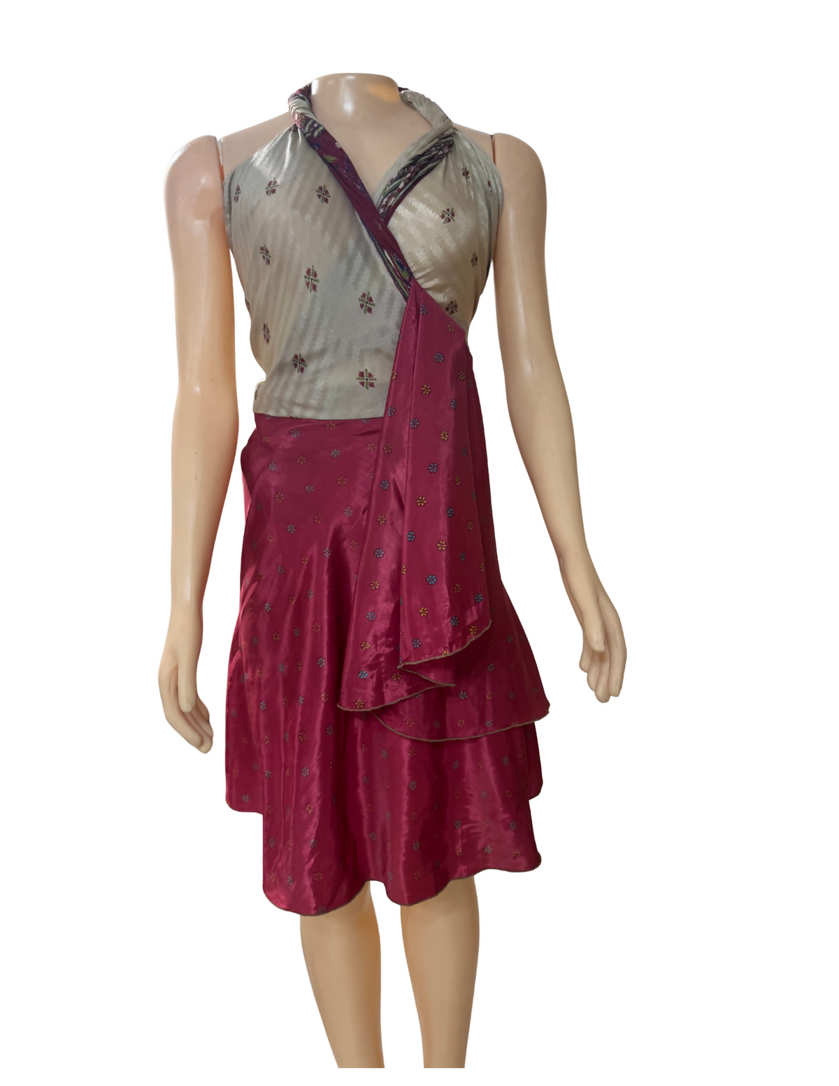 Kariza Silk Blend Multiway Wrap Dress, Burgundy, pink & Cream Sari Print