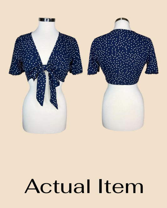 Navy Polka Dot Tie-Front Crop Top
