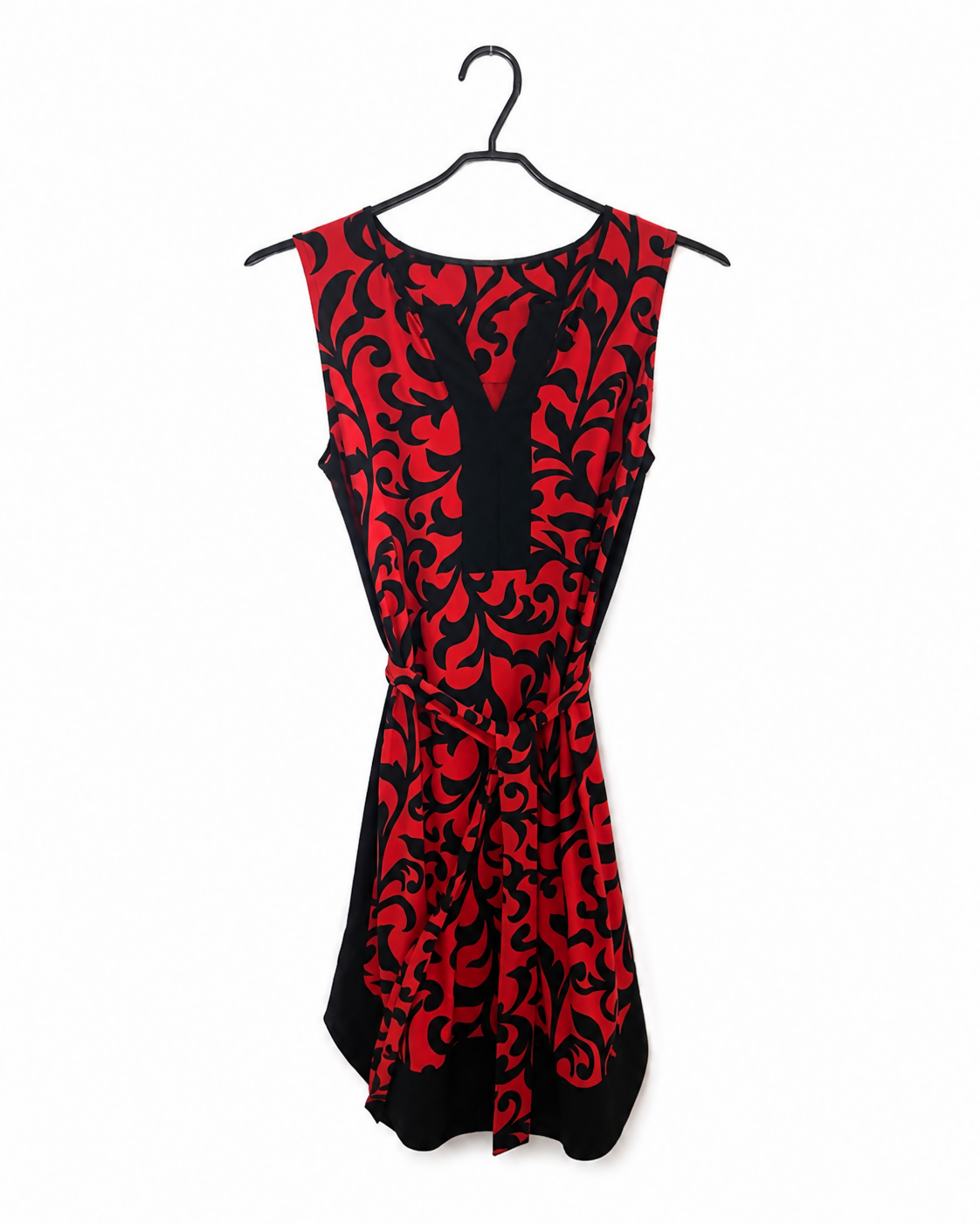 Ann Taylor Red & Black Scroll Print Belted Dress | Sleeveless Stretch Jersey