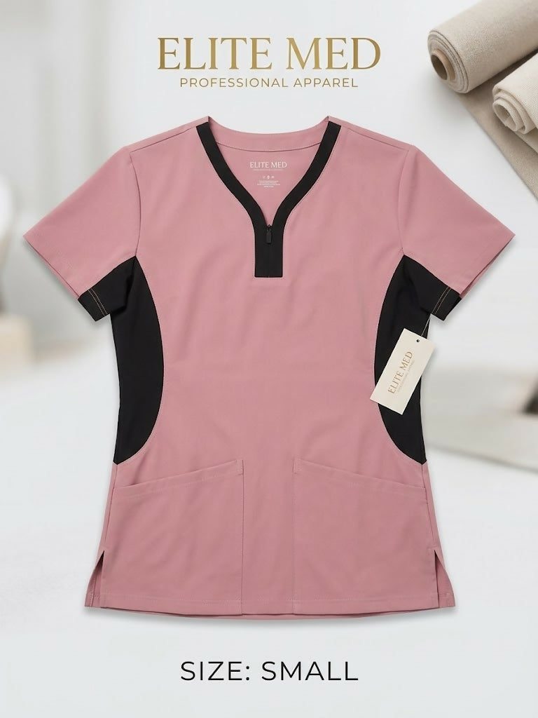 Elite Med Two-Tone Zip-Neck Scrub Top
