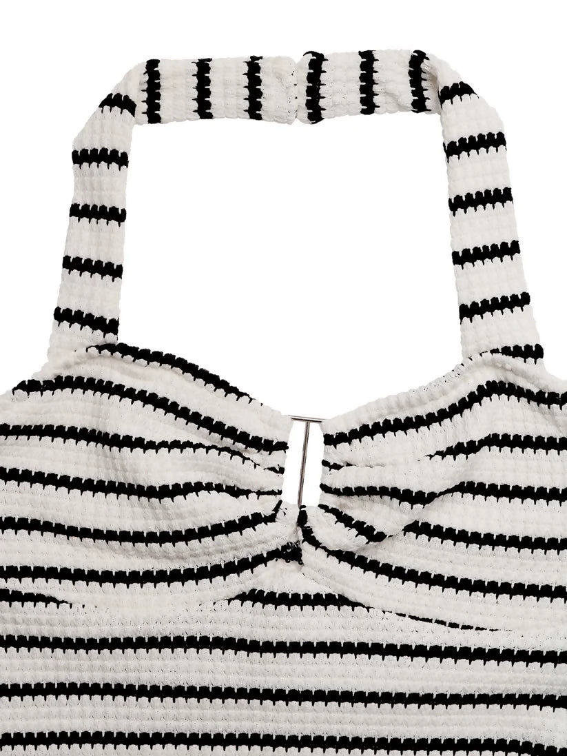 Striped Crochet Design Dress Resort Halter Cutout Bodycon Mini