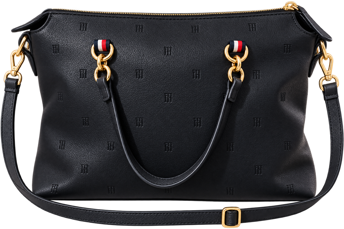 Tommy Hilfiger Tote Bag – Navy with Gold Hardware & Crossbody Strap.