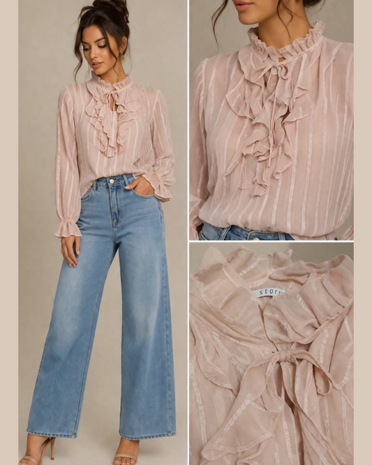Ruffled Sheer Long Sleeve Blouse