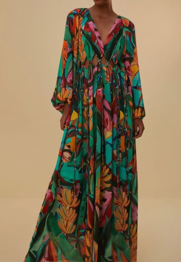 Farm Rio Banana Foliage V Neckline Maxi