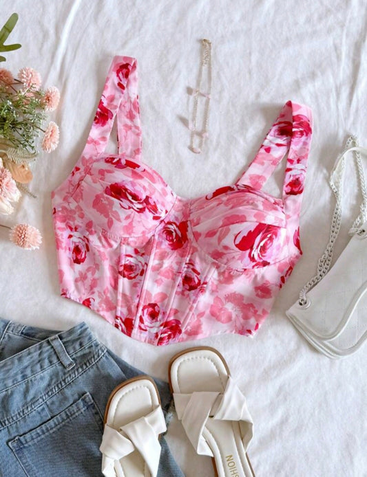 Floral Print Cropped Hem Shirred Tank Top,