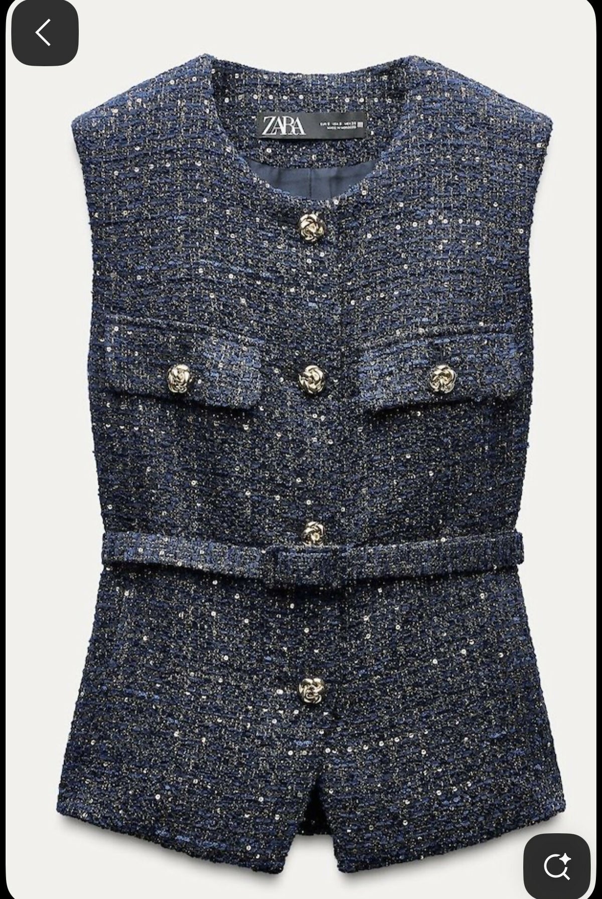 ZARA NAVY BLUE ELEGANT BELTED SEQUIN STRUCTURED TWEED VEST