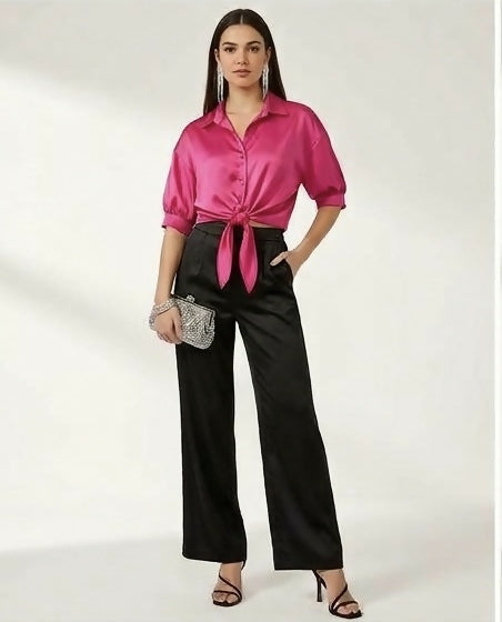 In Italy Fuchsia Satin-Look Tie-Front Crop Shirt