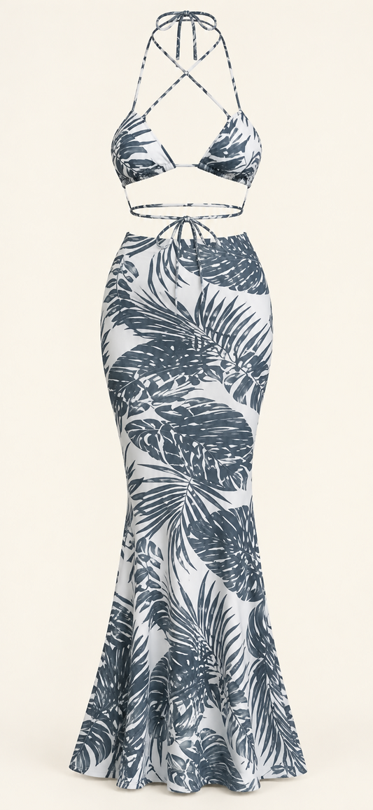 White & Blue Tropical Print Two-Piece Maxi Skirt Set