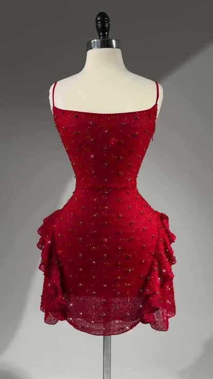 Oh Polly Red Embellished Ruffle Mini Dress