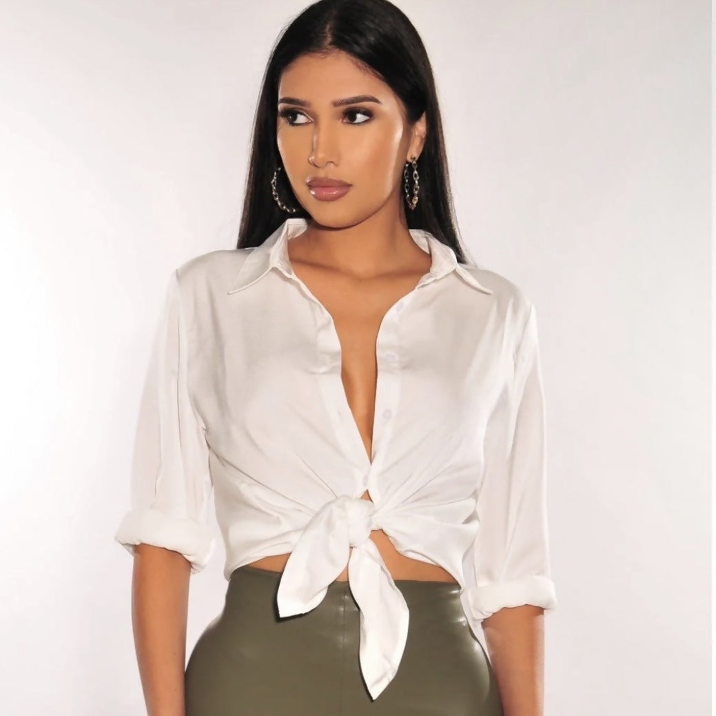 Hot Miami Styles White Silky Collared Button Up Shirt