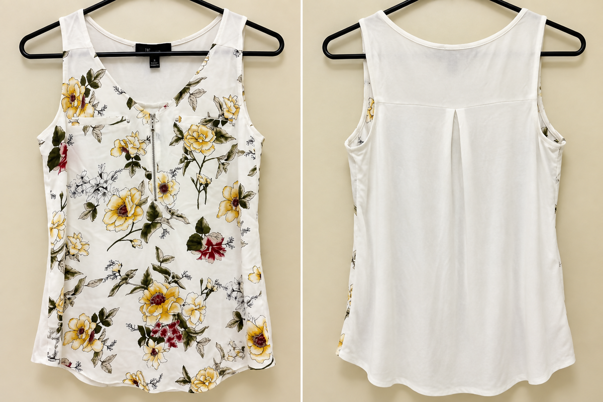 BCX Floral Sleeveless Top with zip detail on chest – Size XS
