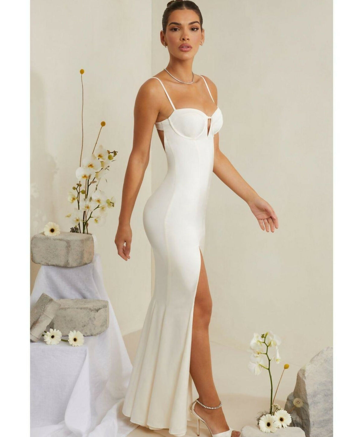 Oh Polly Flavia Cut Out Fishtail Maxi White/Ivory Dress