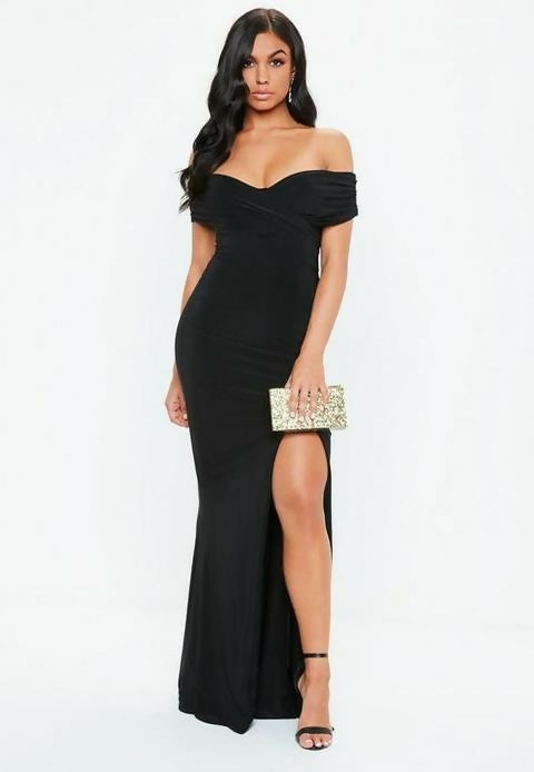 Misguided Black Bardot Wrap Slit Dress
