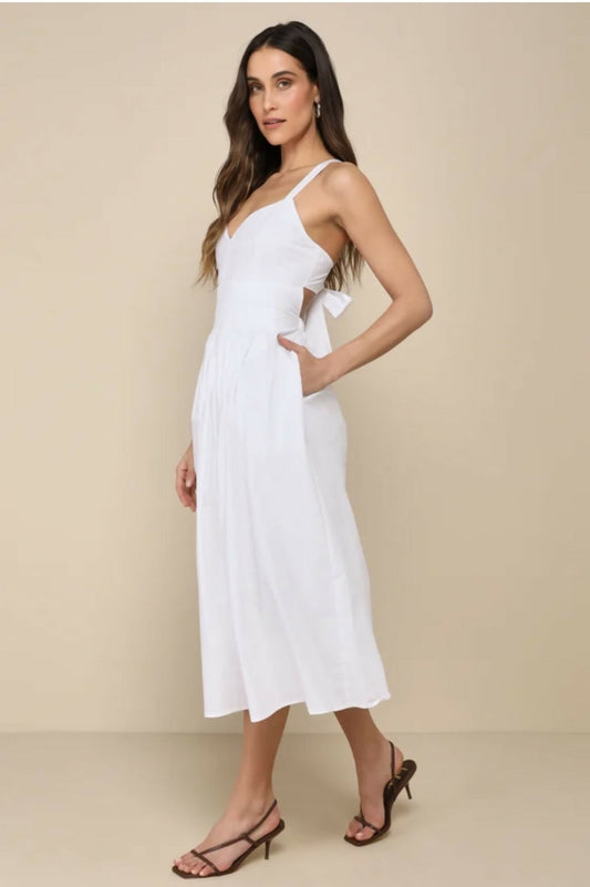 Strolling Sicily White Pleated Backless Midi Dress With Pockets
