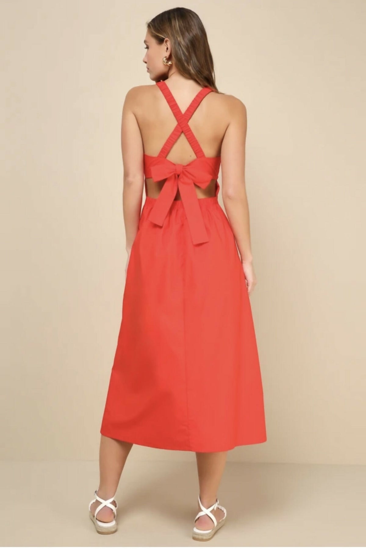 Strolling Sicily Red Pleated Backless Midi Dress With Pockets