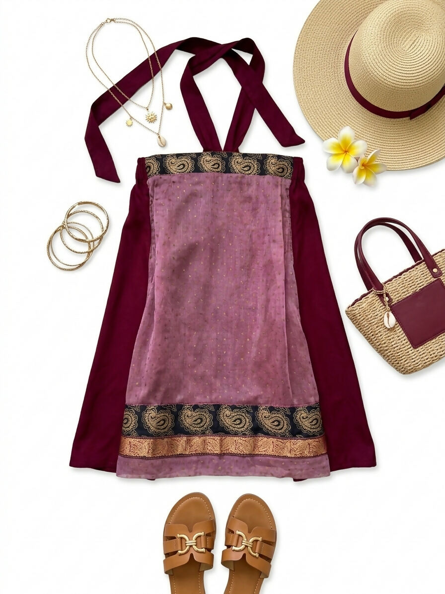 Meiling Burgundy & Orchid Sari-Inspired Halter Dress
