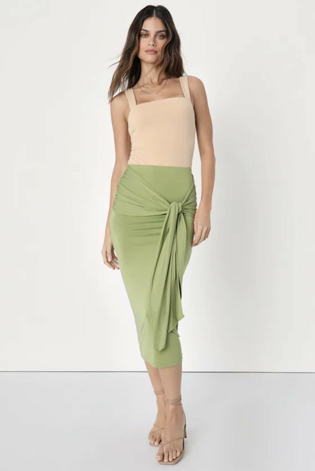 Carefree Dreamer Green High-Waisted Knot-Front Midi Skirt