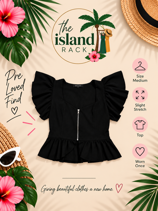 Black Ruffle Sleeve Peplum Top