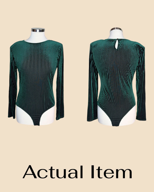 Black & Dark Green Velvet Stripe Shoulder Pad Bodysuit