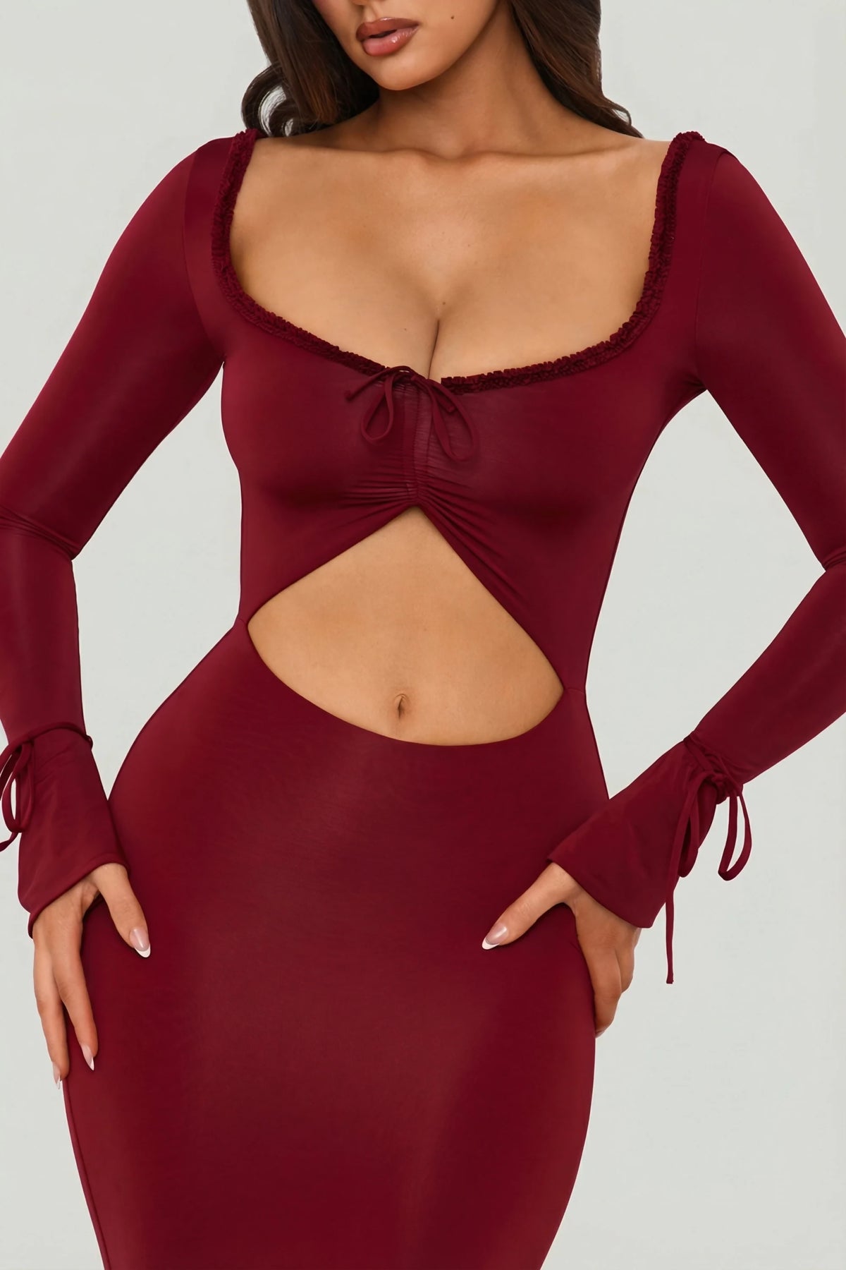 Oh Polly Matilda Ruffle-Trim Cut-Out Maxi Dress in Berry Red