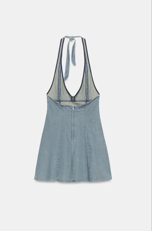 Zara Light Blue Denim Halter Mini Dress