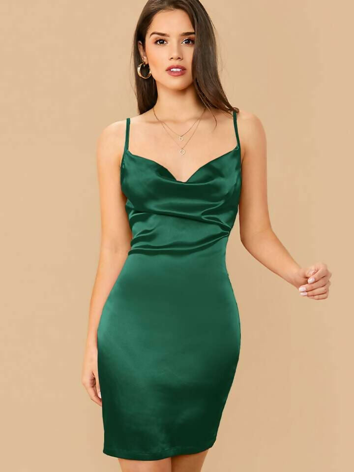 Satin Solid Cowl Neck Cami Dress