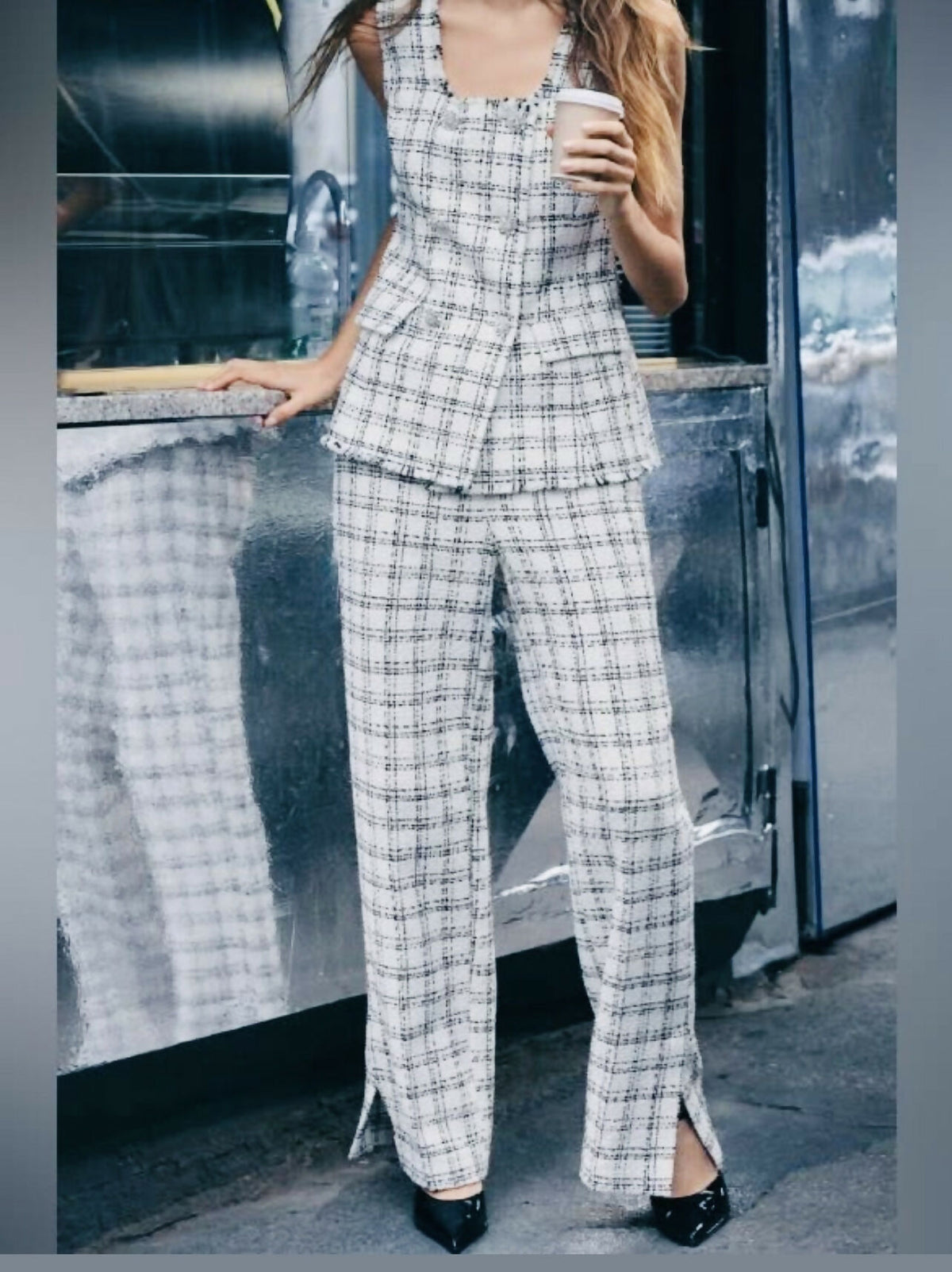 ZARA WHITE & BLACK TWEED WIDE LEG PANTS