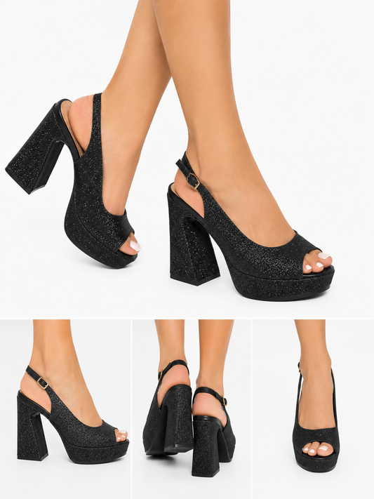Black Glitter Platform Peep-Toe Block Heels