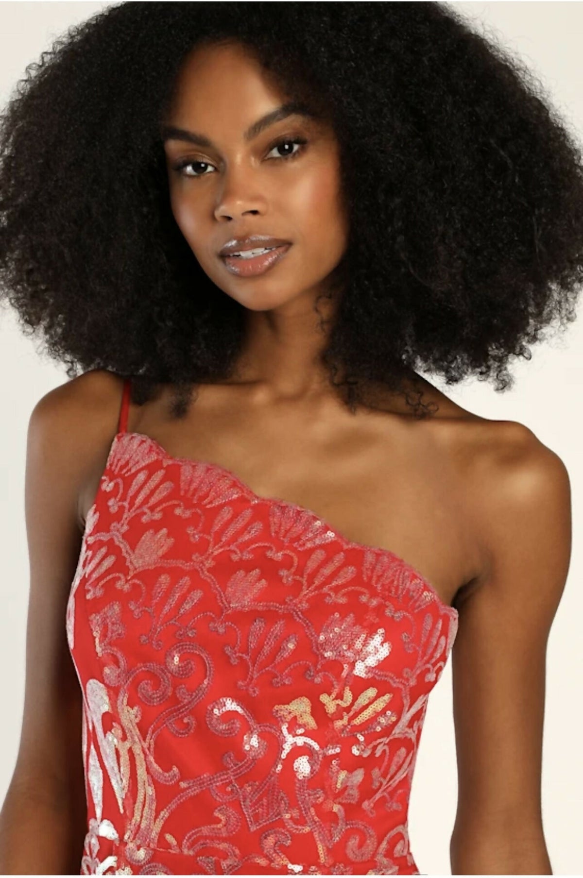 Mesmerizing Shine Red Iridescent Sequin One-Shoulder Mini Dress