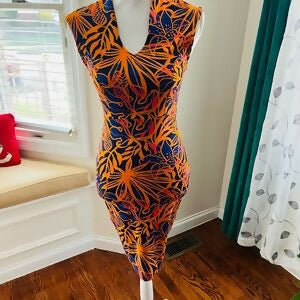 Sleeveless V-Neck Orange Navy Floral Sheath Dress