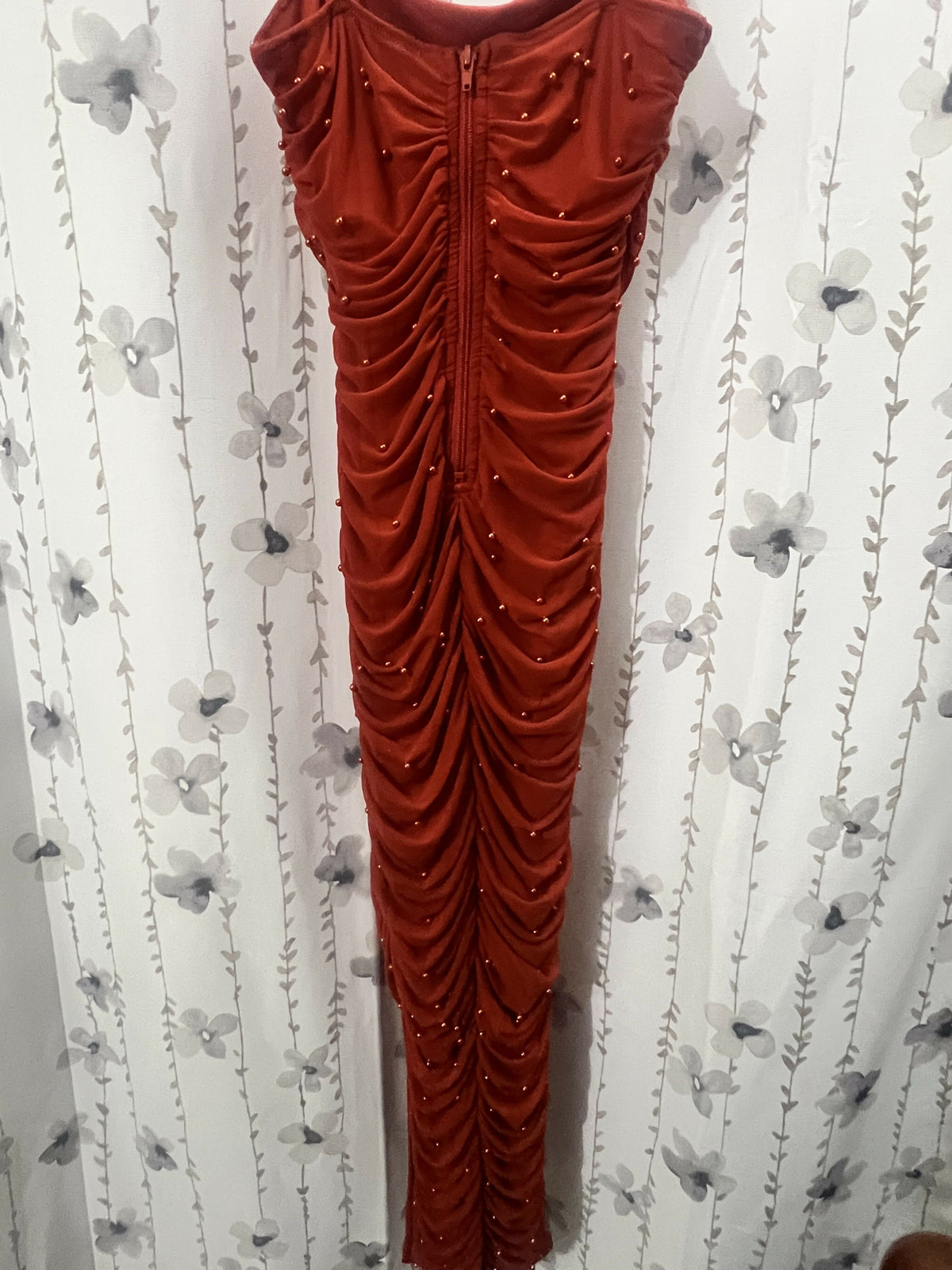 Rust Orange Ruched Pearl-Embellished Dress