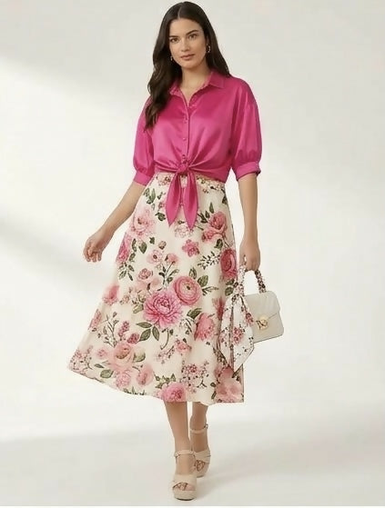 In Italy Fuchsia Satin-Look Tie-Front Crop Shirt