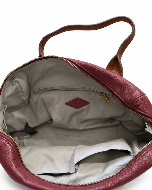 Fossil Colour-Block Leather Satchel Handbag | Burgundy, Navy & Grey