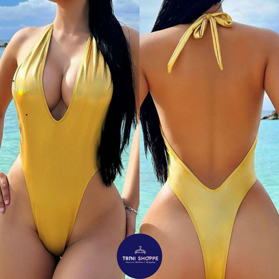 YELLOW DEEP HALTER SWIMSUIT