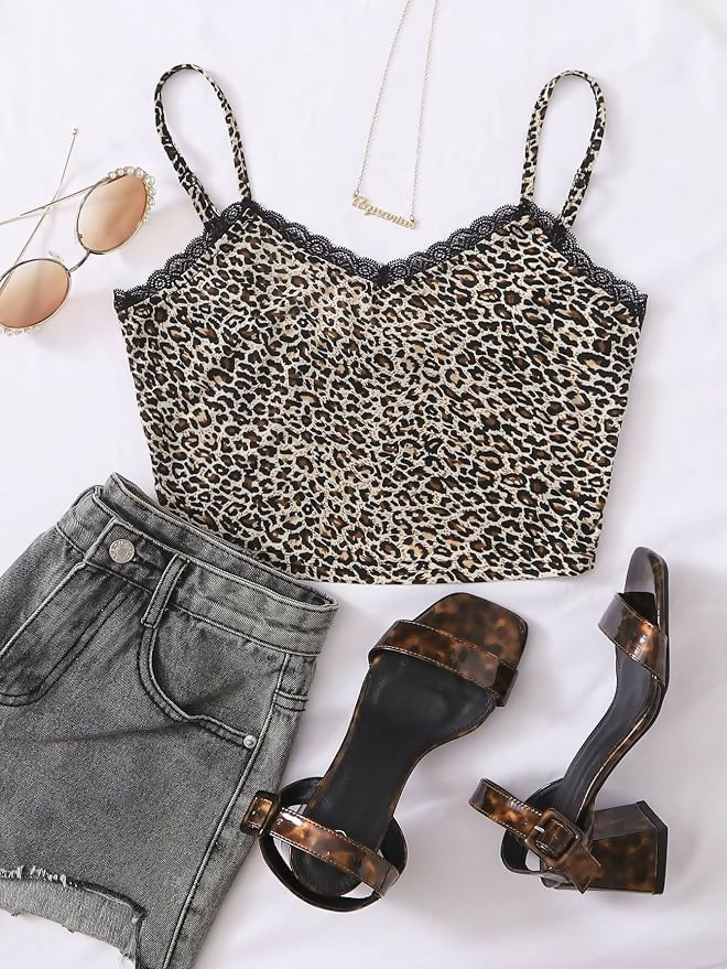 Lace Detail Leopard Cami Top