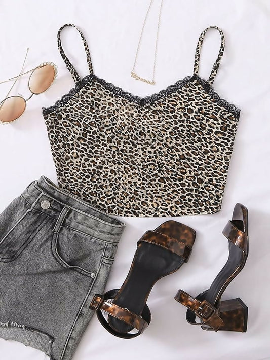 Lace Detail Leopard Cami Top