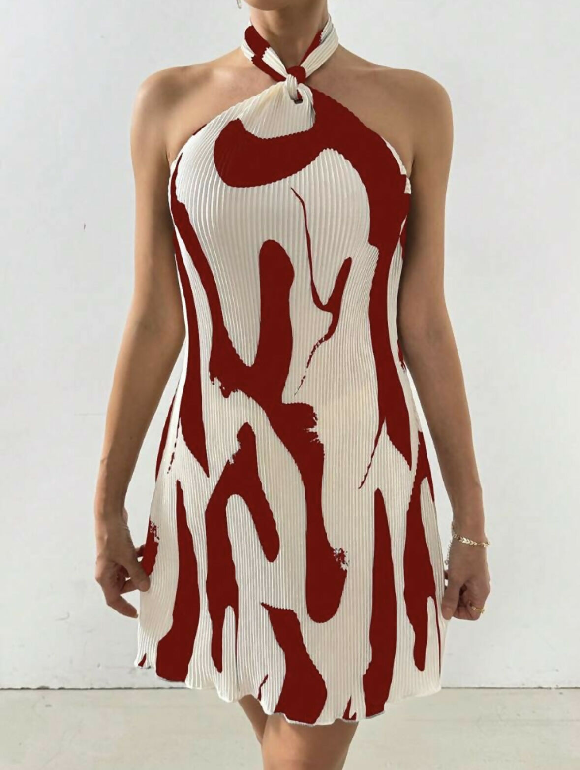 Shein Privè Women Fashionable Red and White Contrast Dress