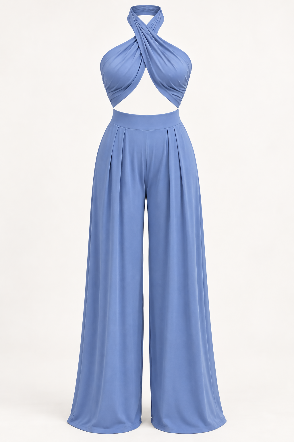 Hot Miami Styles Dusty Blue Halter Two Piece Pants Set